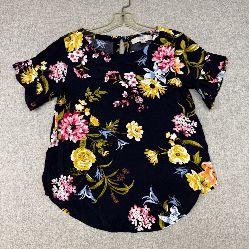 Loft | Floral Blouse | XXSP | Navy Blue | Flutter Sleeve Rayon Top Keyhole Back